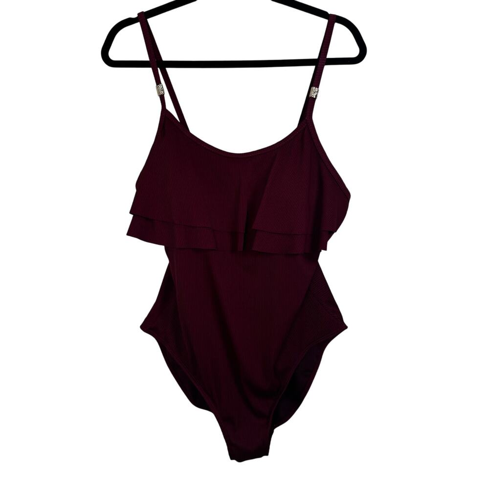 Primark Maroon One Piece Swimsuit Size 14 Ruffle Top Full Coverage Red Ribbed